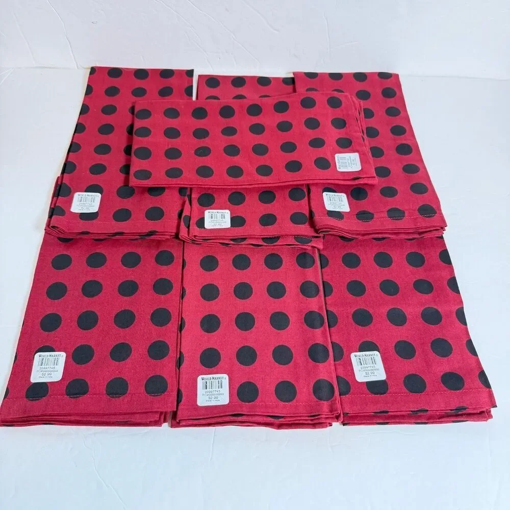 World Market 12 Cloth Napkins Wine Burgundy Black Polka Dot 20x20 Cotton Lot
